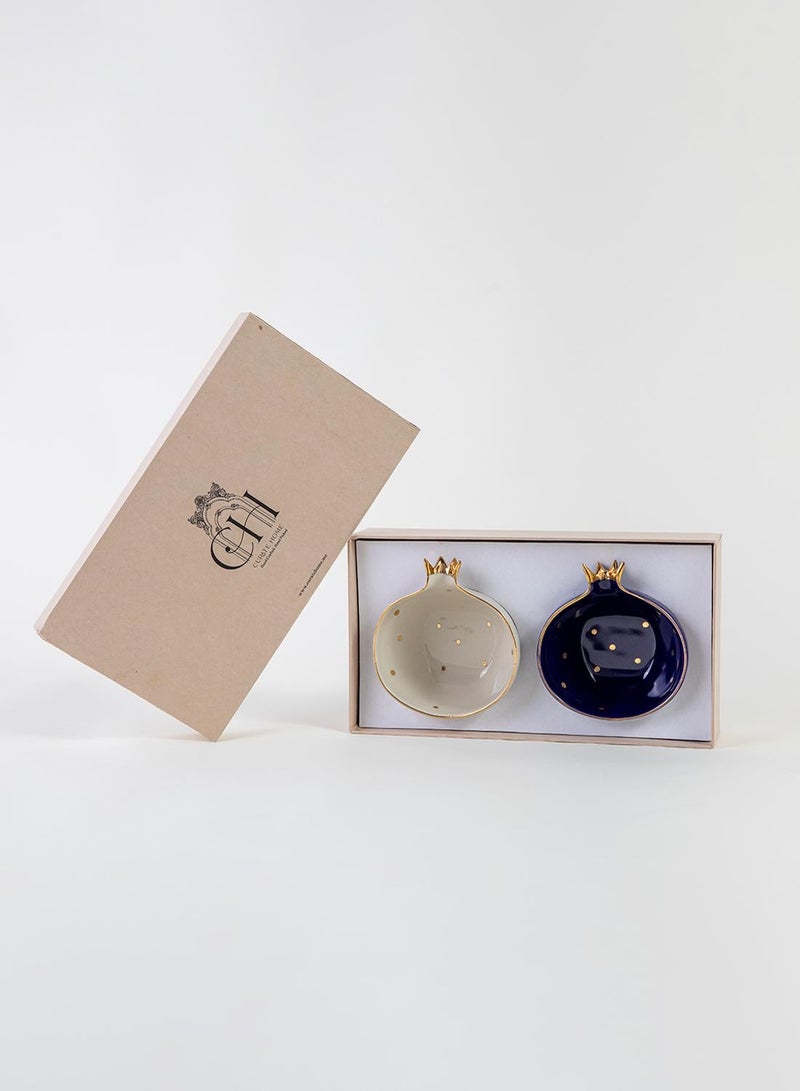 Curate Home Set of 2 Ceramic Serving Bowls Blue & White- Pomegranate Design - Image 2